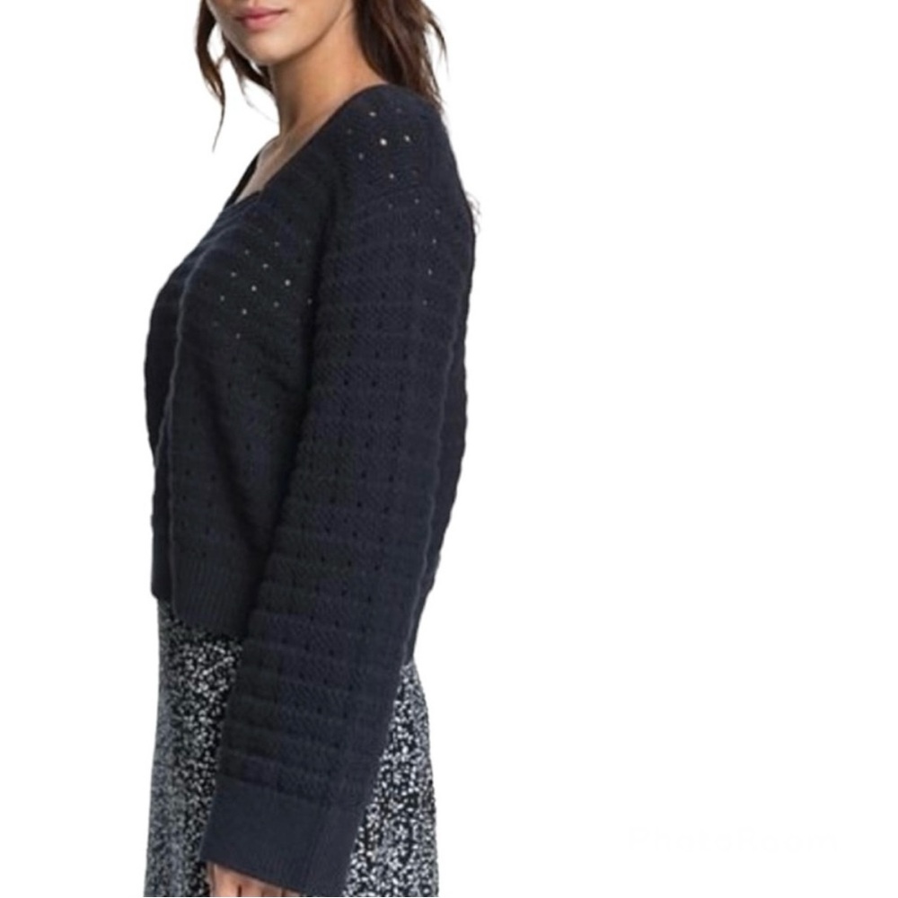 NWT ROXY Sweater Pointelle Birdy Day Square Neck Dropped Balloon Sleeve Black L